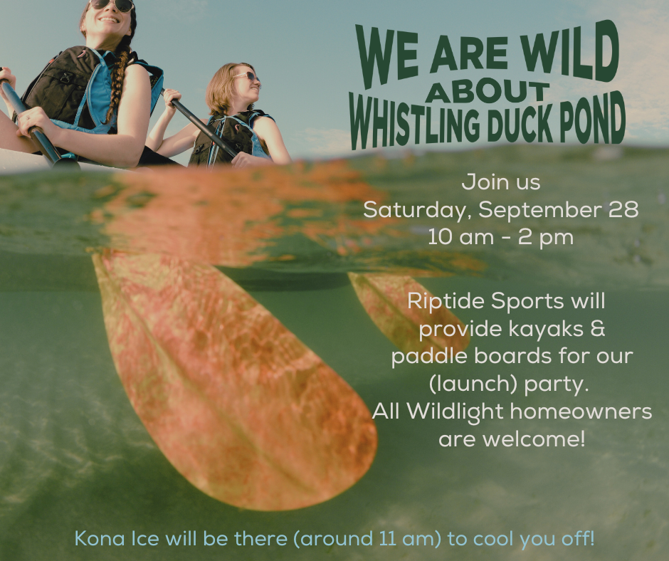 Two people paddle kayaks on the water; event details about a Whistling Duck Pond launch party with kayaks, paddle boards, and Kona Ice are overlaid. Discover the fun at Wildlight Florida, a vibrant master planned community.