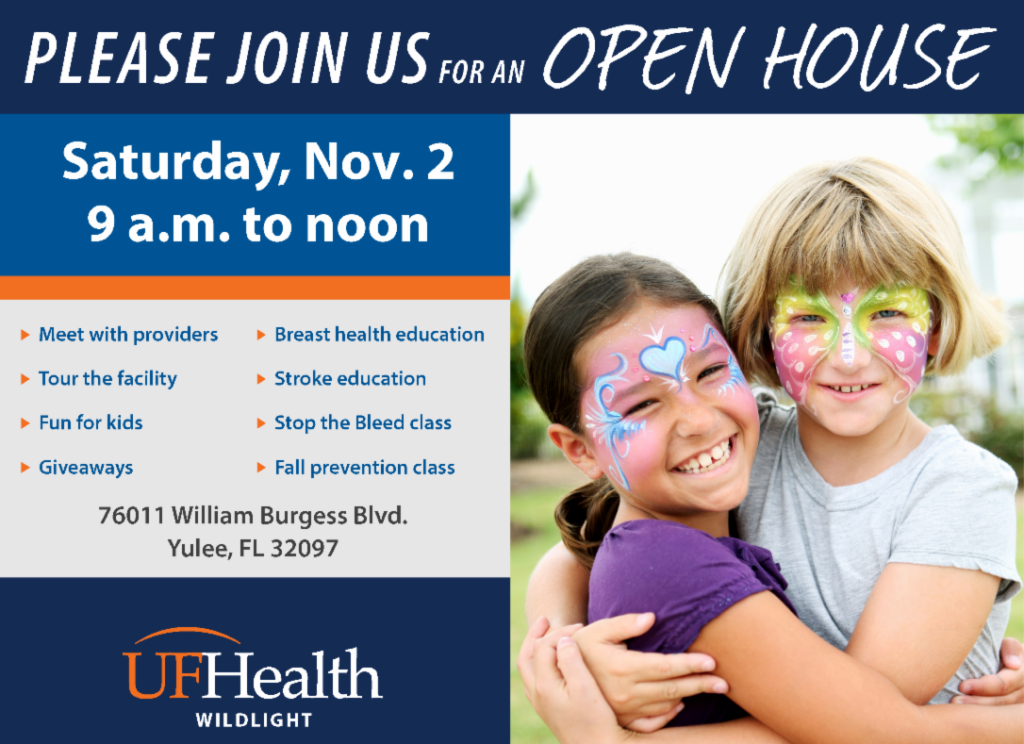Two children with face paint smile and hug at a UF Health open house event in Wildlight Yulee Florida. Event details and schedule are listed on a blue background beside them, inviting the community to explore new homes in Wildlight FL.