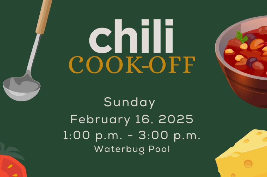 Event flyer for a chili cook-off on Sunday, February 16, 2025, from 1–3 p.m. at Waterbug Pool in the Wildlight Yulee Florida community, featuring illustrations of chili, cheese, a tomato, and a ladle.
