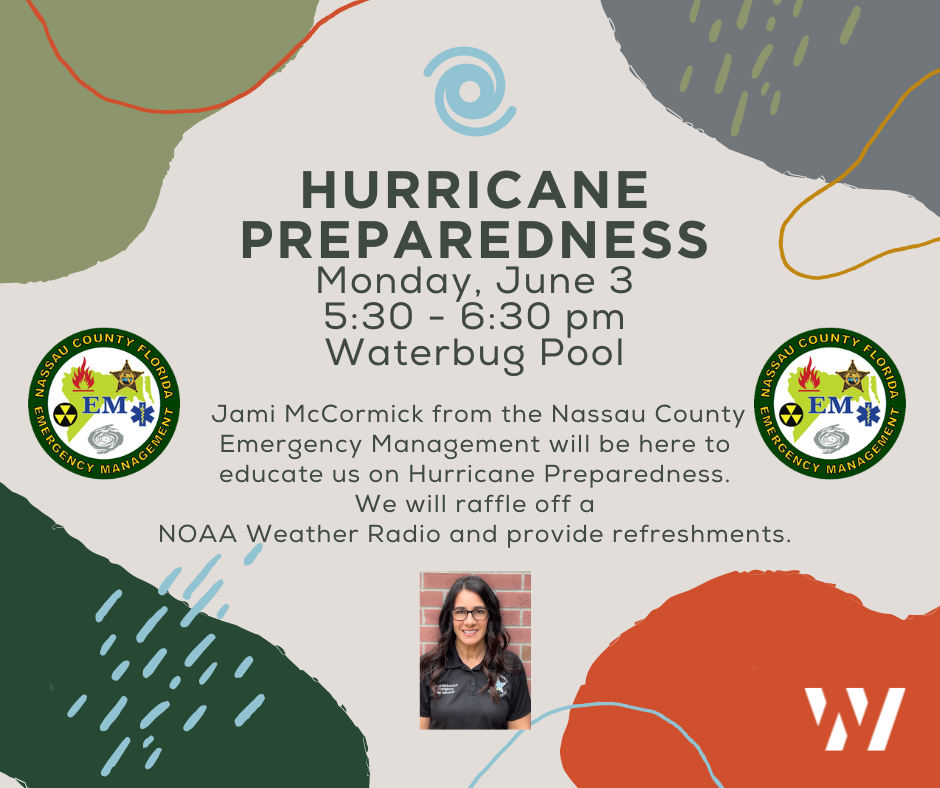 Event flyer for Hurricane Preparedness on Monday, June 3, 5:30-6:30 pm at Waterbug Pool in the Wildlight Yulee Florida community, featuring speaker Jami McCormick; includes logos, event details, and presenter photo.