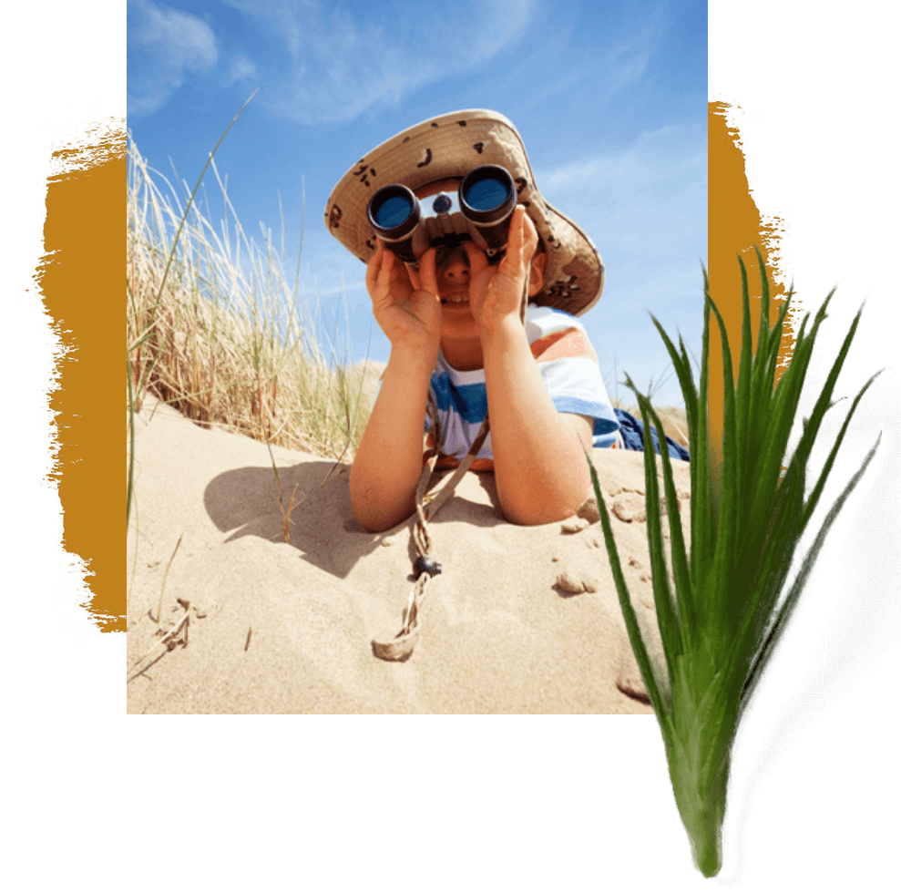 A child wearing a hat lies on sand dunes, looking through binoculars with grass and blue sky in the background—a perfect day of adventure in the Wildlight master planned community.