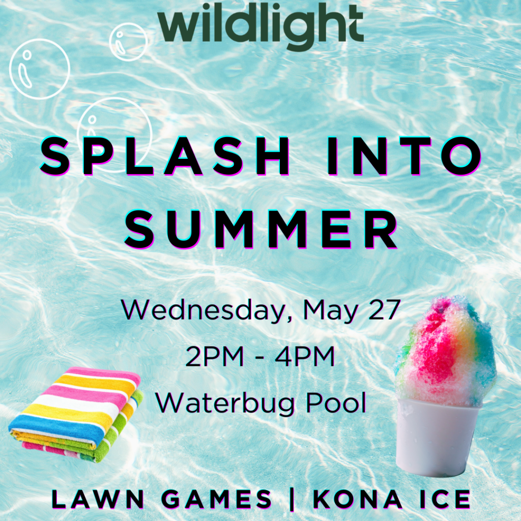 Event flyer titled "Splash Into Summer" with a pool background, displaying date, time, location, a striped towel, a snow cone, and mentions of lawn games and Kona Ice.
