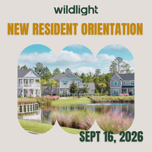 Graphic for Wildlight New Resident Orientation on September 16, 2026, featuring suburban homes, a pond, and landscaping under a blue sky.