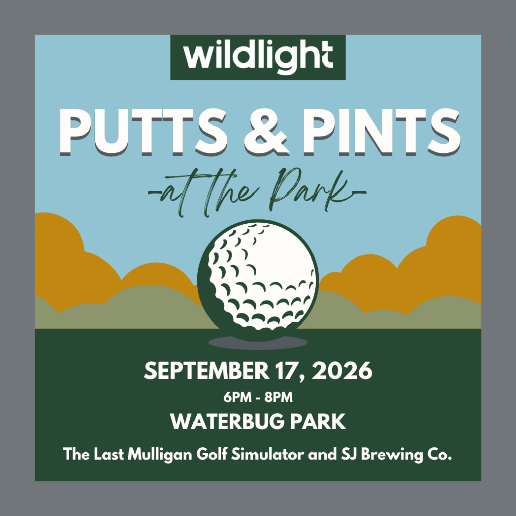 Event flyer for “Putts & Pints at the Park” on September 17, 2026, 6–8 PM at Waterbug Park, featuring golf simulator and brewing co. Sponsors and golf ball graphic shown.