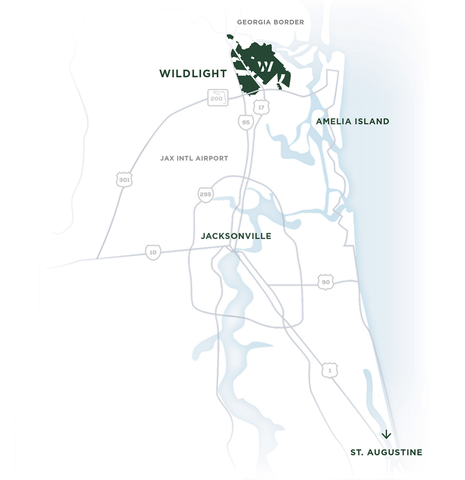 Map shows Wildlight near the Georgia border, north of Jacksonville and JAX airport, with Amelia Island to the east and St. Augustine to the south. Major highways are also depicted.
