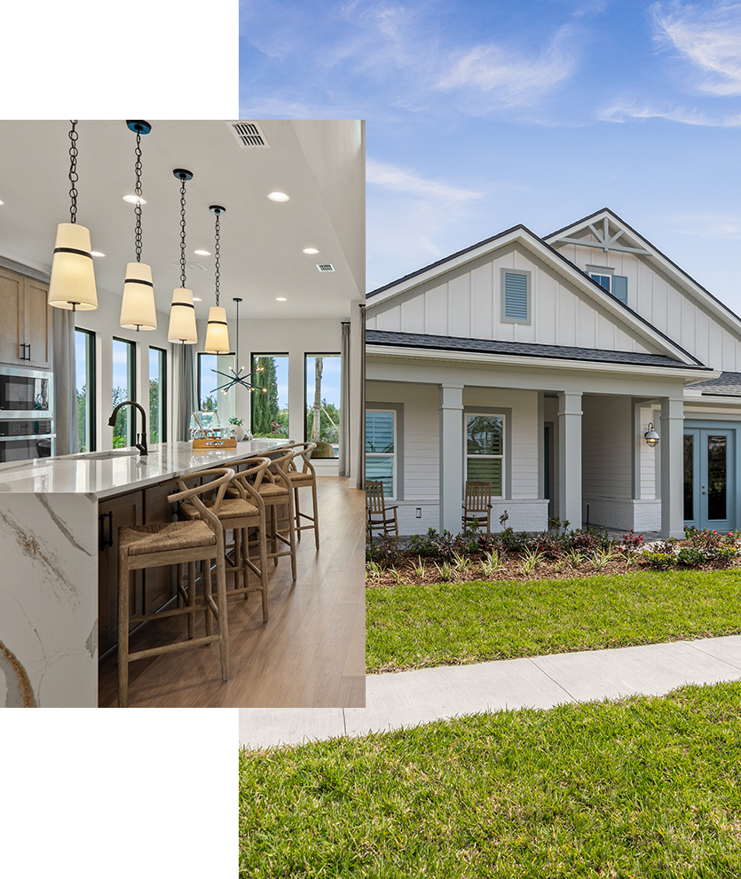 A modern white house with a front porch and lawn, overlaid with an image of a kitchen featuring pendant lights, an island, and barstools.