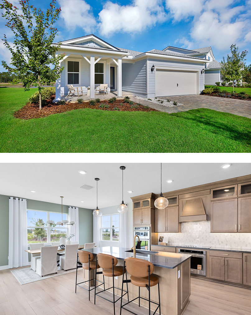 A single-story house with a front porch, two-car garage, and green lawn; interior shows a modern kitchen with island, dining area, and large windows.