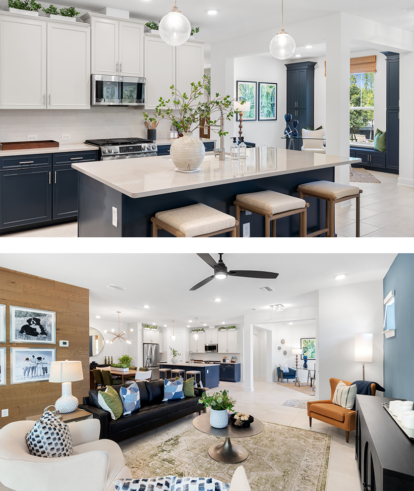 Modern open-concept kitchen and living room with island seating, white cabinets, dark lower cabinets, neutral decor, and abundant natural light.